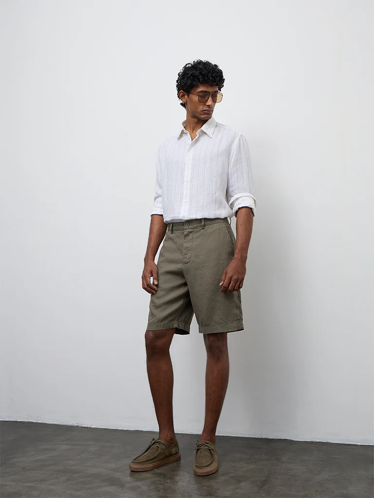 Ascot Olive Relaxed-Fit Mid-Rise Linen Shorts