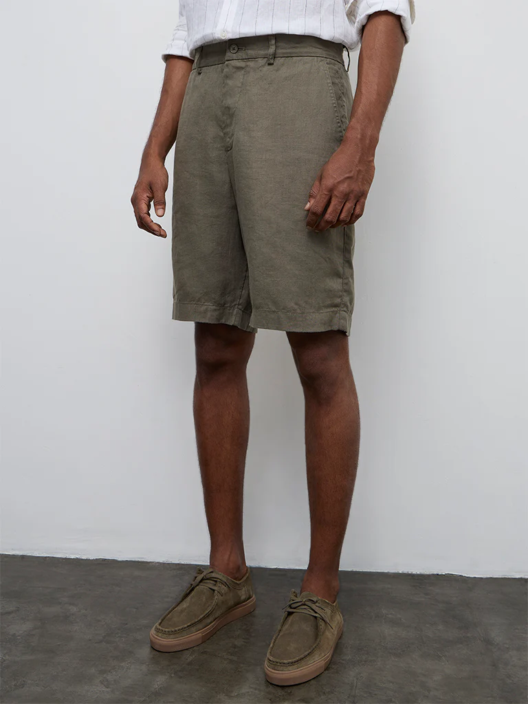 Ascot Olive Relaxed-Fit Mid-Rise Linen Shorts - Image 3