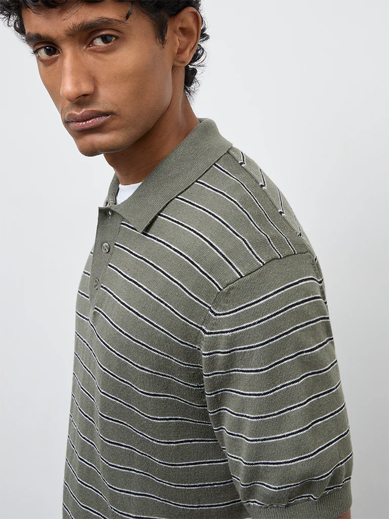 Ascot Olive Stripe Printed Relaxed-Fit Polo T-Shirt - Image 3