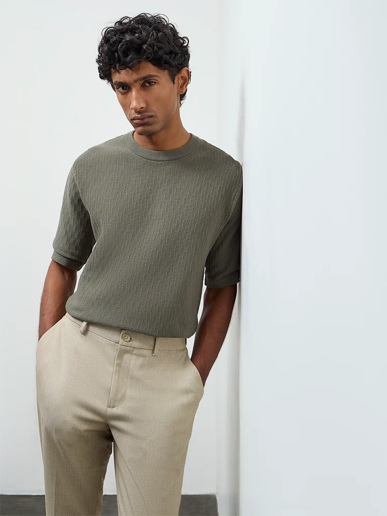 Ascot Olive Textured Relaxed-Fit Cotton T-Shirt