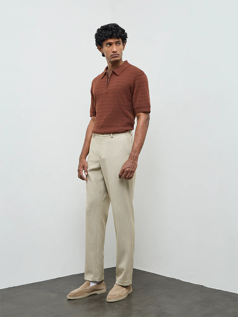 Ascot Rust Cable-Knit Relaxed-Fit Quarter-Zip Cotton Polo T-Shirt - Image 3