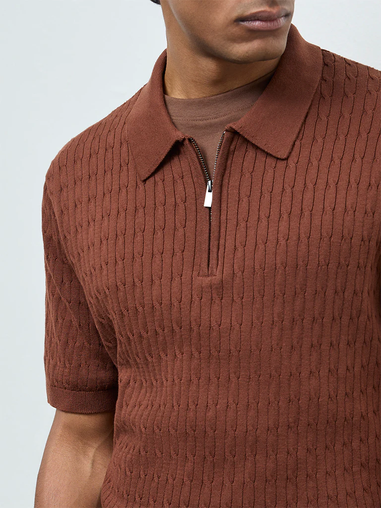 Ascot Rust Cable-Knit Relaxed-Fit Quarter-Zip Cotton Polo T-Shirt - Image 4
