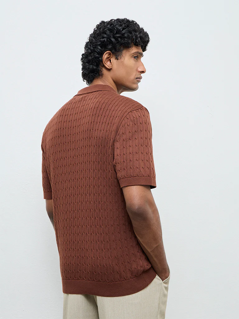 Ascot Rust Cable-Knit Relaxed-Fit Quarter-Zip Cotton Polo T-Shirt - Image 6