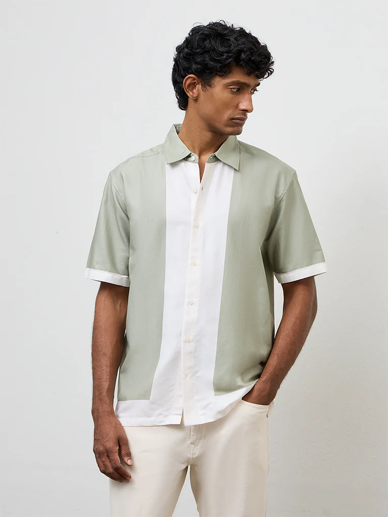 Ascot Sage Color-Blocked Relaxed-Fit Cotton-Blend Shirt - Image 3
