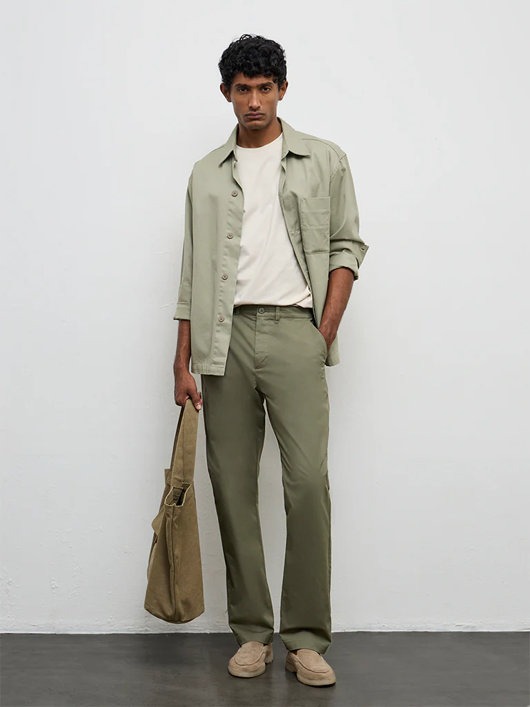 Ascot Sage Relaxed-Fit Mid-Rise Cotton-Blend Trousers