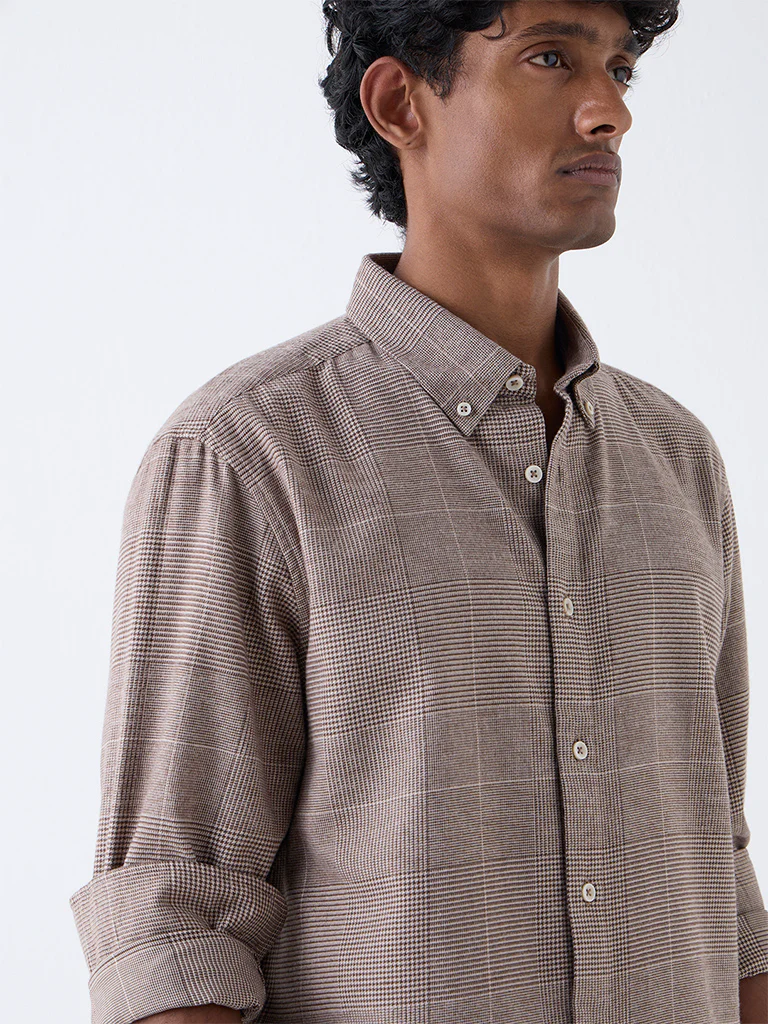Ascot Tan Checkered Relaxed-Fit Cotton-Blend Shirt - Image 4