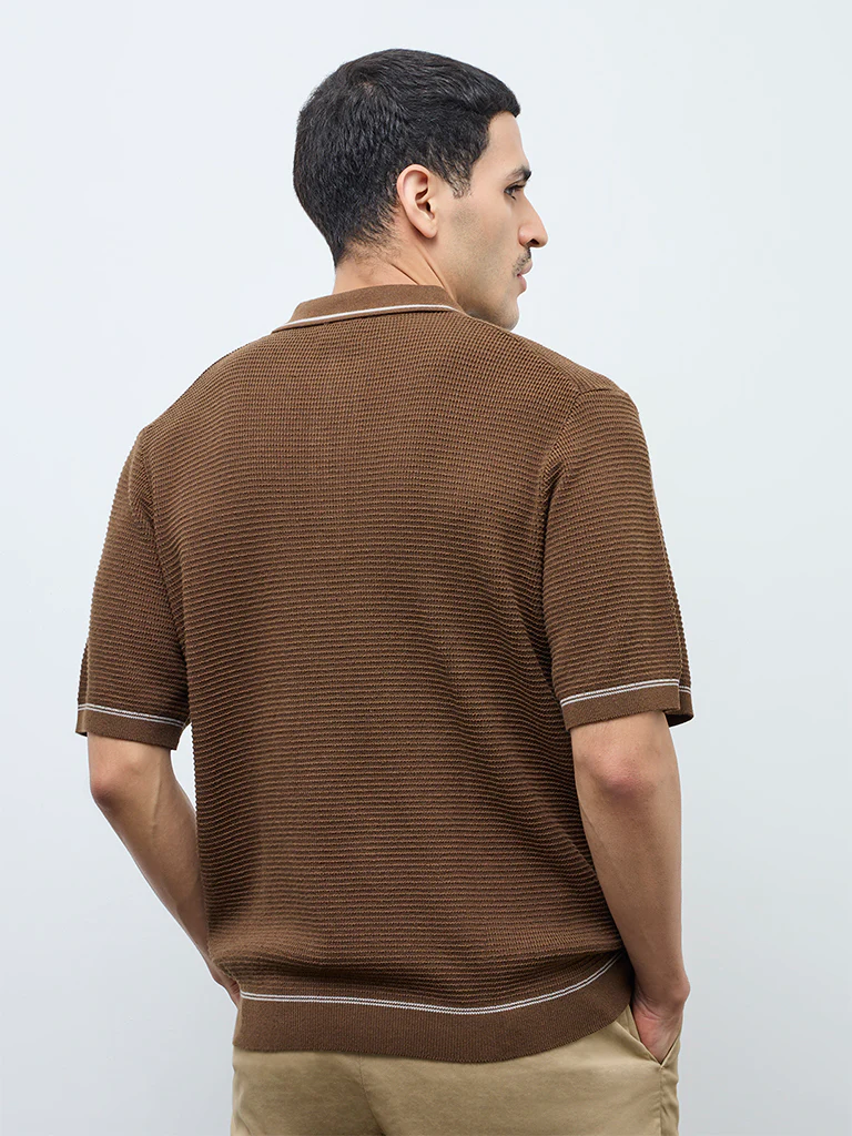 Ascot Tan Knit-Textured Relaxed-Fit Cotton-Blend Polo T-Shirt - Image 5