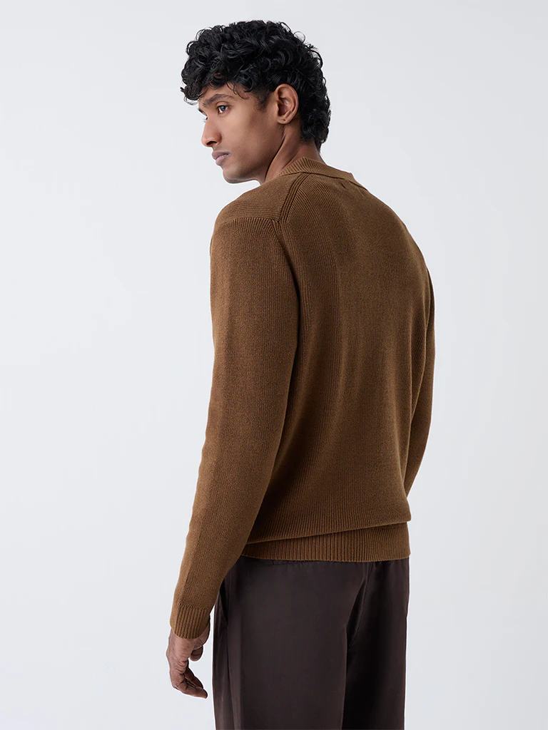 Ascot Tan Knit-Textured Relaxed-Fit Cotton Polo Sweater - Image 5