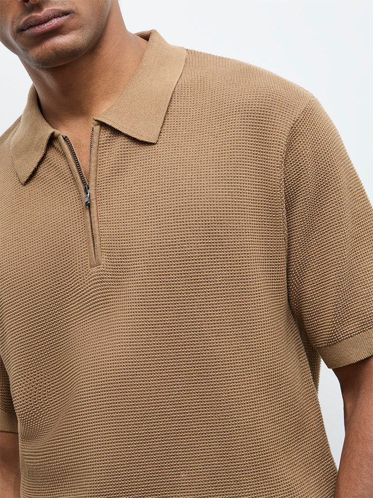 Ascot Tan Relaxed-Fit Cotton Quarter-Zip Polo T-Shirt - Image 4