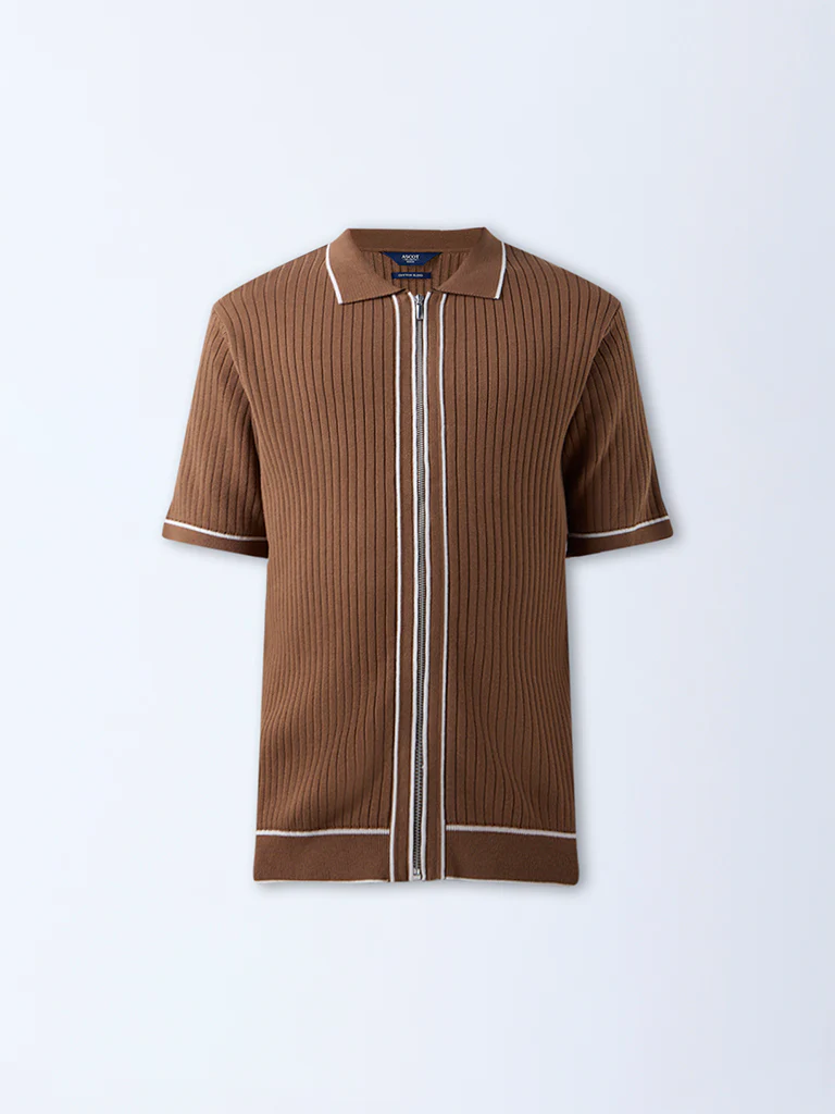 Ascot Tan Self-Striped Relaxed-Fit Cotton-Blend T-Shirt - Image 6