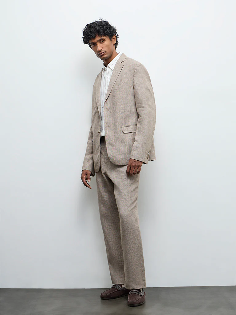 Ascot Taupe Checkered Relaxed-Fit Linen Blazer