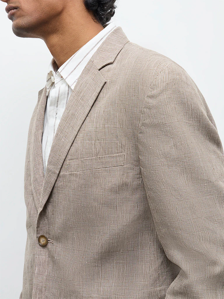 Ascot Taupe Checkered Relaxed-Fit Linen Blazer - Image 3