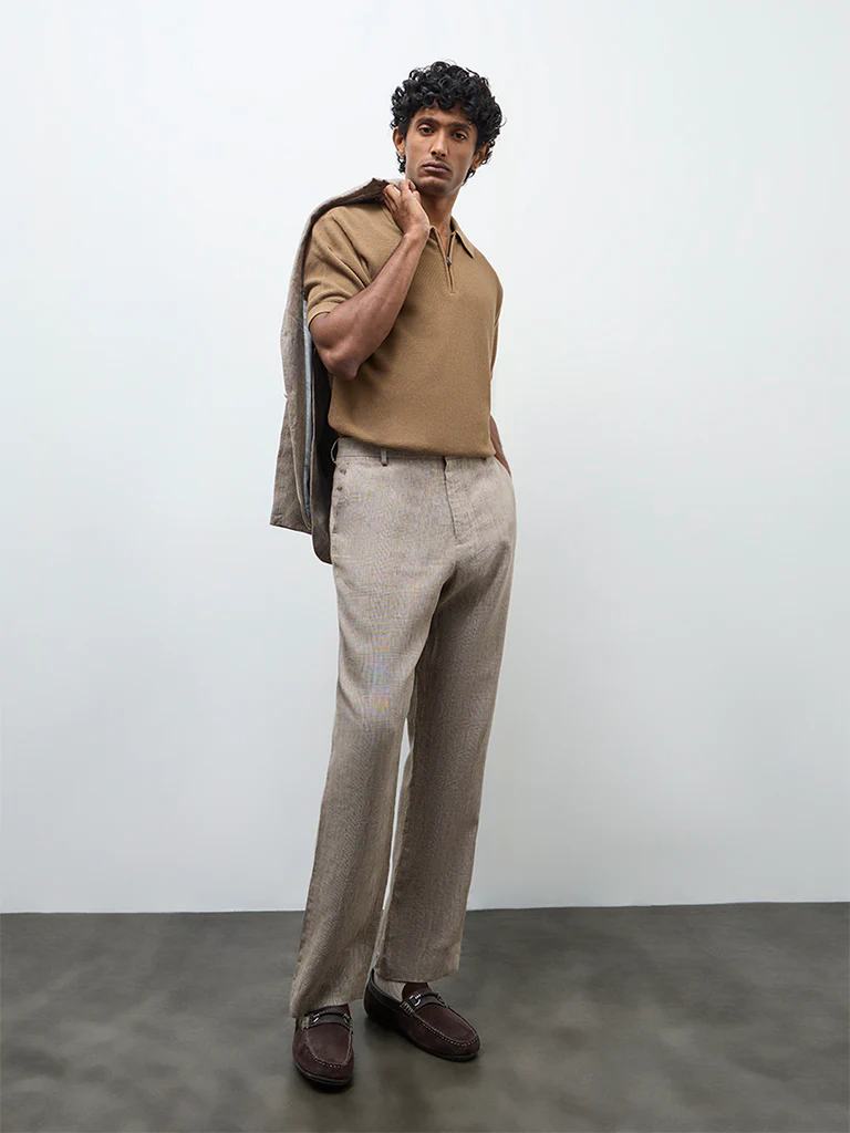 Ascot Taupe Checkered Relaxed-Fit Mid-Rise Linen Trousers
