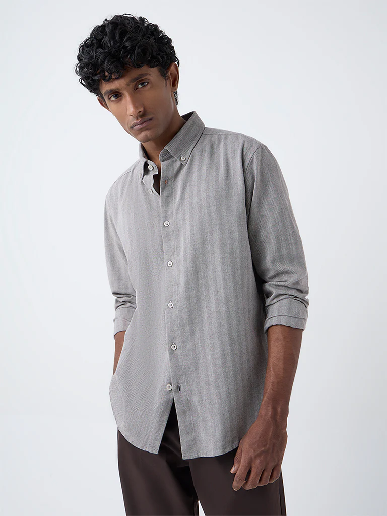 Ascot Taupe Chevron Printed Relaxed-Fit Cotton-Blend Shirt - Image 2