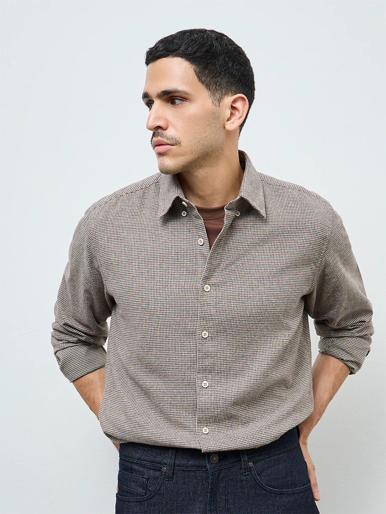 Ascot Taupe Houndstooth Relaxed-Fit Cotton Shirt
