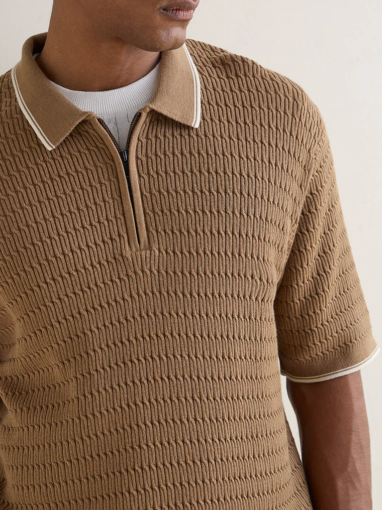 Ascot Taupe Relaxed-Fit Cotton Quarter-Zip Polo T-Shirt - Image 3