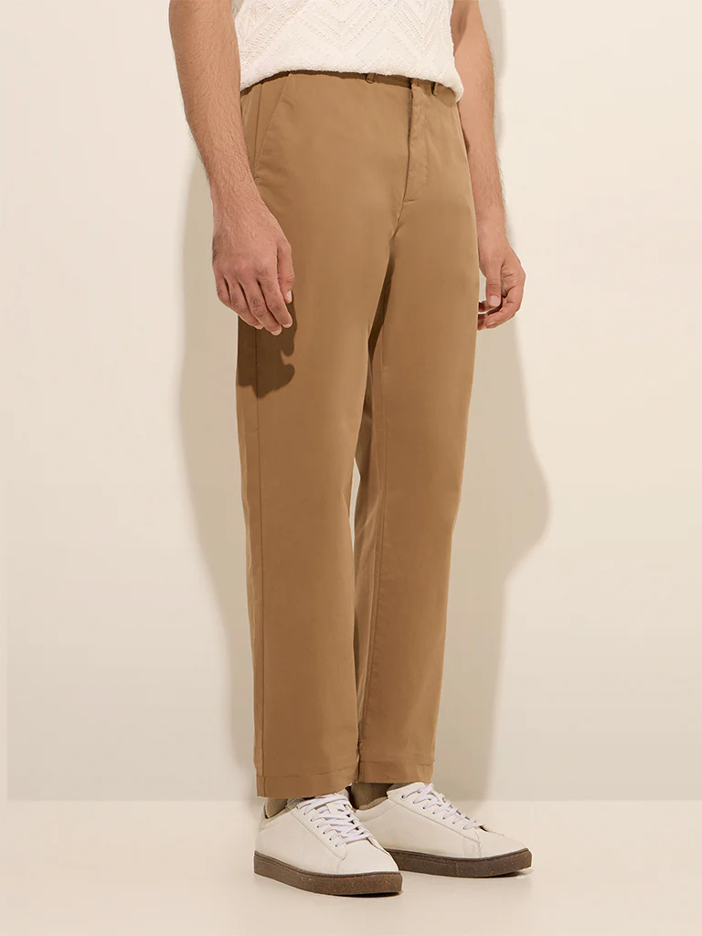 Ascot Taupe Solid Relaxed-Fit Mid-Rise Cotton-Blend Chinos - Image 3