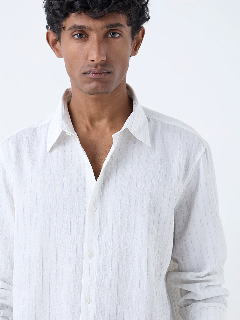 Ascot White Striped Relaxed-Fit Cotton Shirt - Image 3