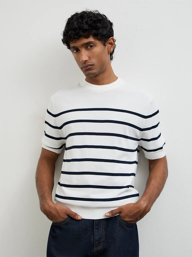 Ascot White Striped Relaxed-Fit Cotton T-Shirt