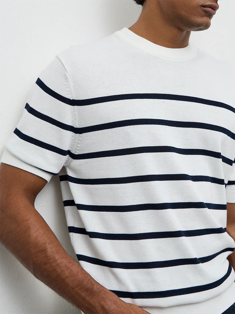 Ascot White Striped Relaxed-Fit Cotton T-Shirt - Image 4