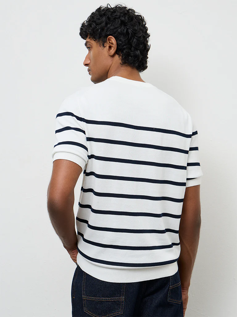 Ascot White Striped Relaxed-Fit Cotton T-Shirt - Image 5