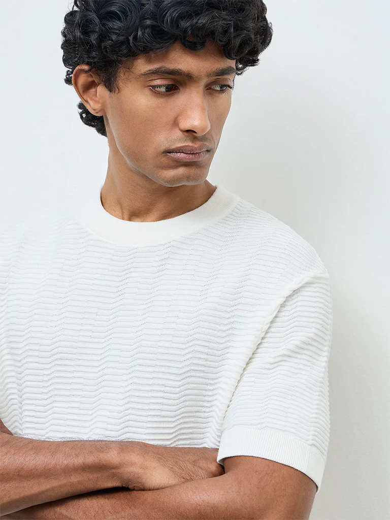 Ascot White Textured Relaxed-Fit Cotton T-Shirt - Image 3