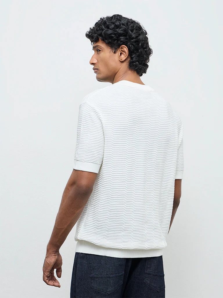 Ascot White Textured Relaxed-Fit Cotton T-Shirt - Image 4