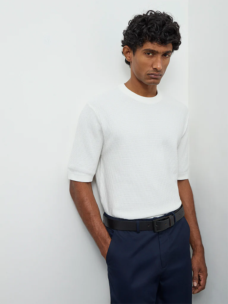 Ascot White Textured Relaxed-Fit Cotton T-Shirt
