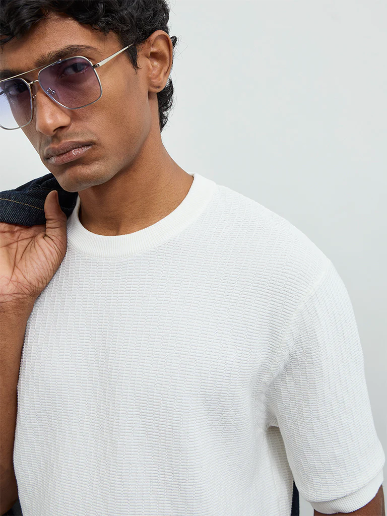 Ascot White Textured Relaxed-Fit Cotton T-Shirt - Image 4