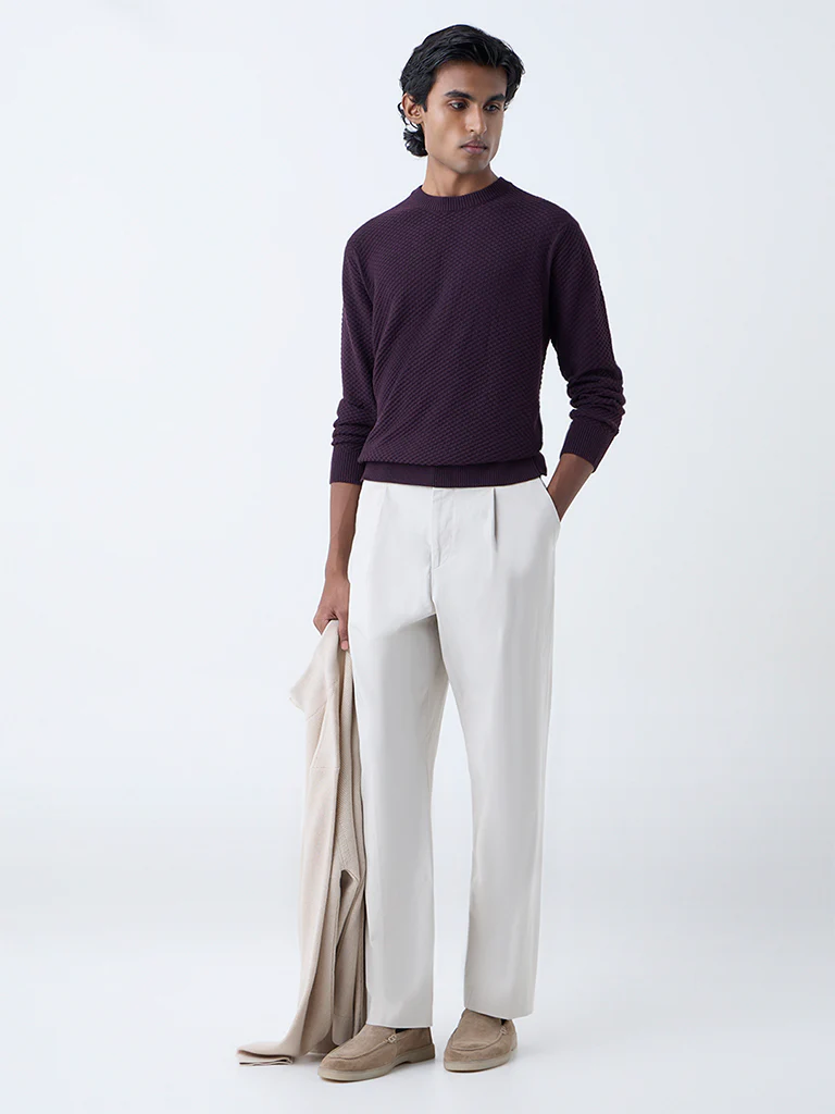 Ascot Wine Knit-Textured Relaxed-Fit Cotton-Blend Sweater - Image 3