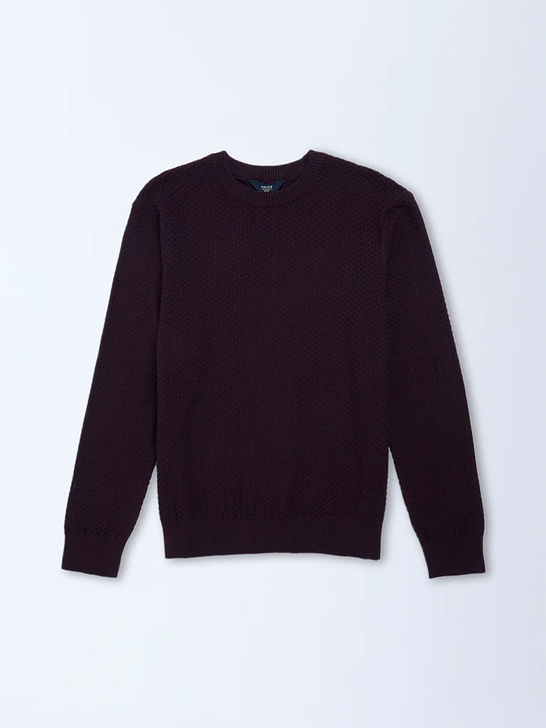 Ascot Wine Knit-Textured Relaxed-Fit Cotton-Blend Sweater - Image 6