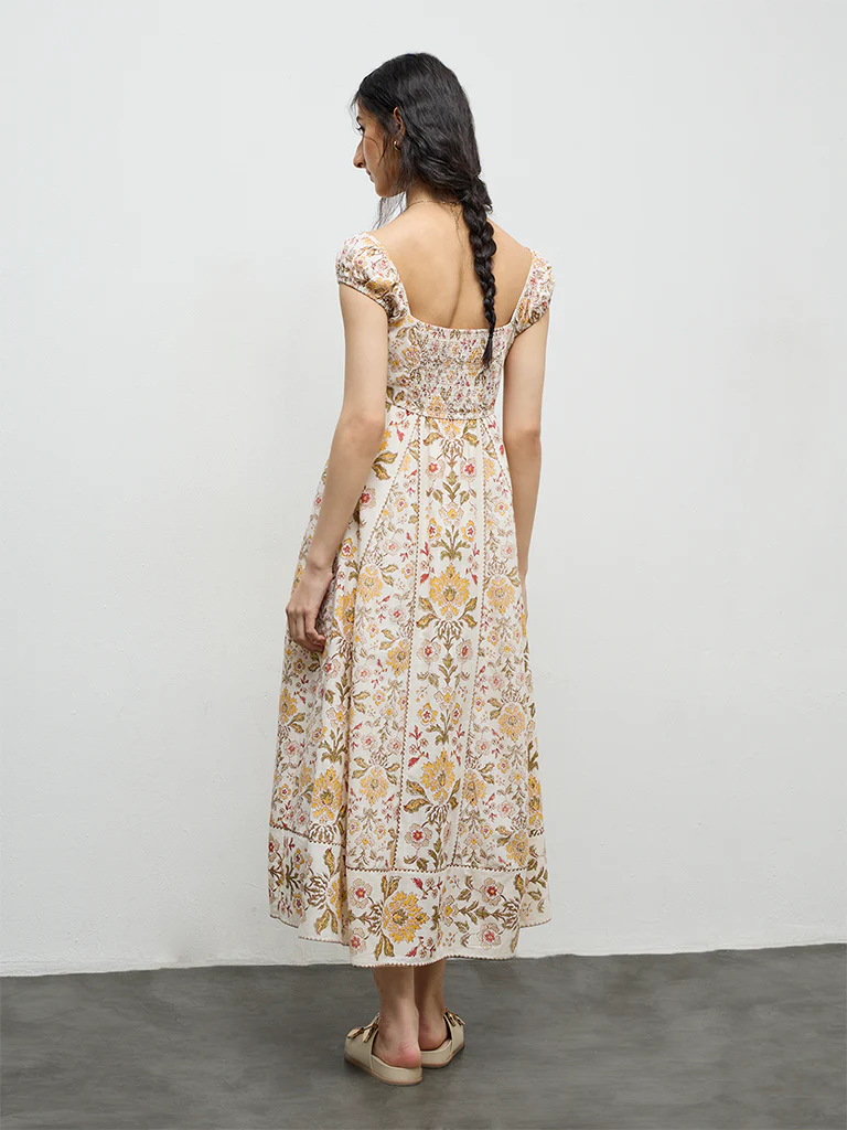 Bombay Paisley Beige Floral Printed Cotton A-Line Dress - Image 4