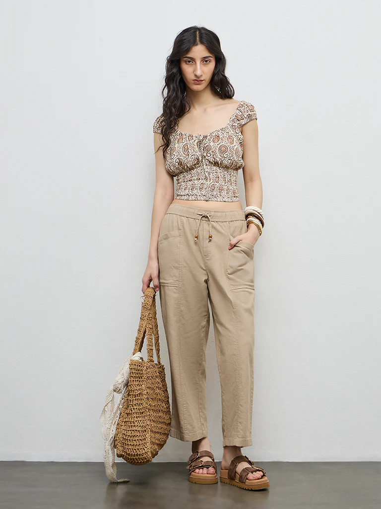 Bombay Paisley Beige Paisley Printed Cotton Top