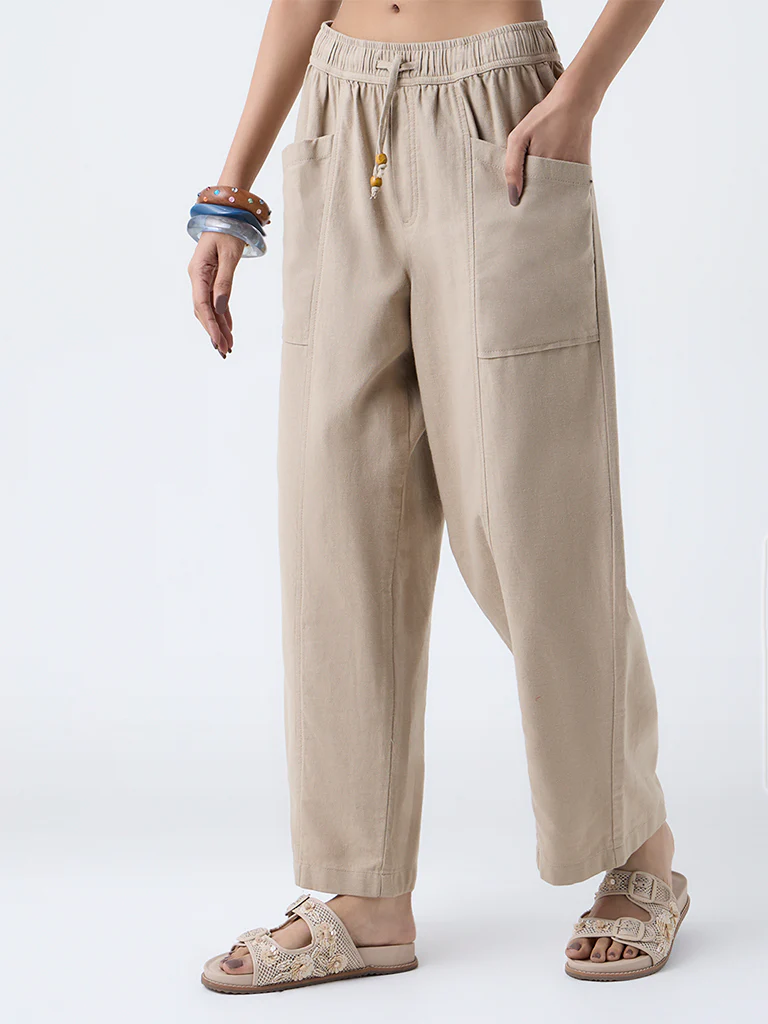 Bombay Paisley Beige Solid Cotton-Blend Pants - Image 2