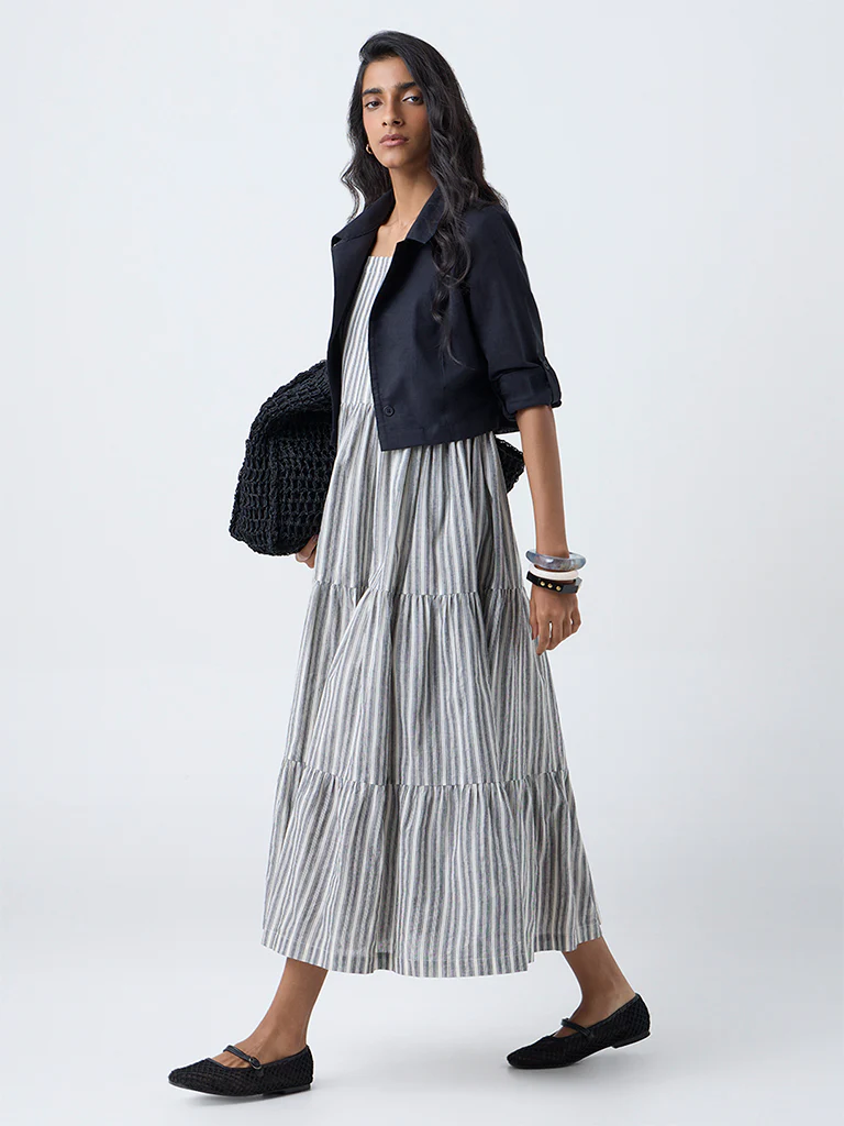 Bombay Paisley Black Cotton Tiered Dress with Jacket