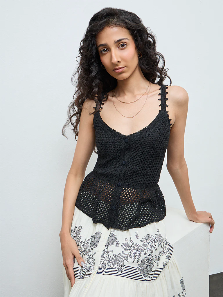 Bombay Paisley Black Crochet-Knit Cotton Peplum Top - Image 2