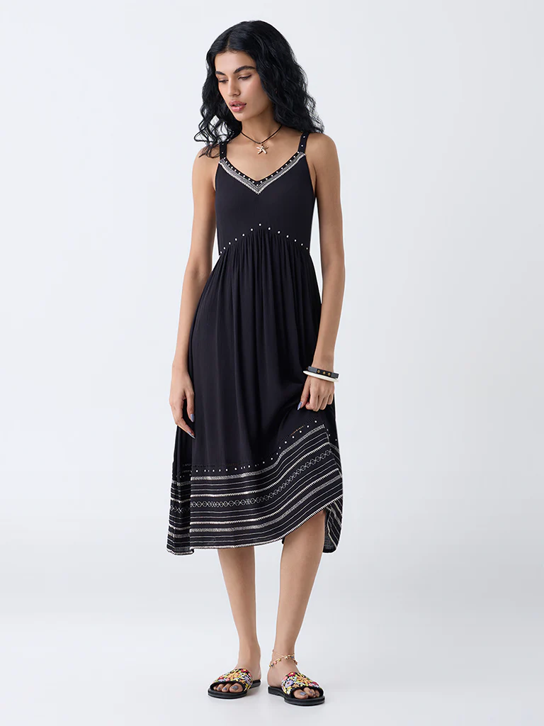 Bombay Paisley Black Embroidered A-Line Dress