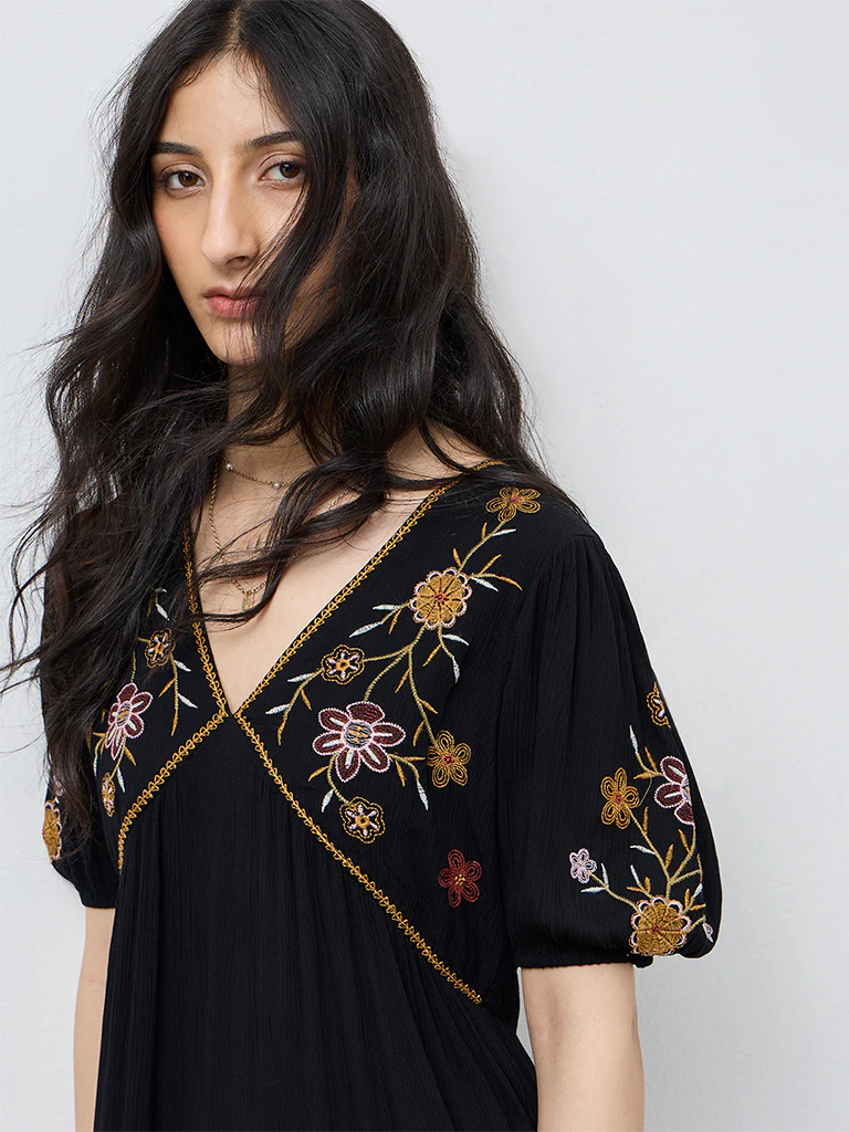 Bombay Paisley Black Embroidered Cotton A-Line Dress - Image 2