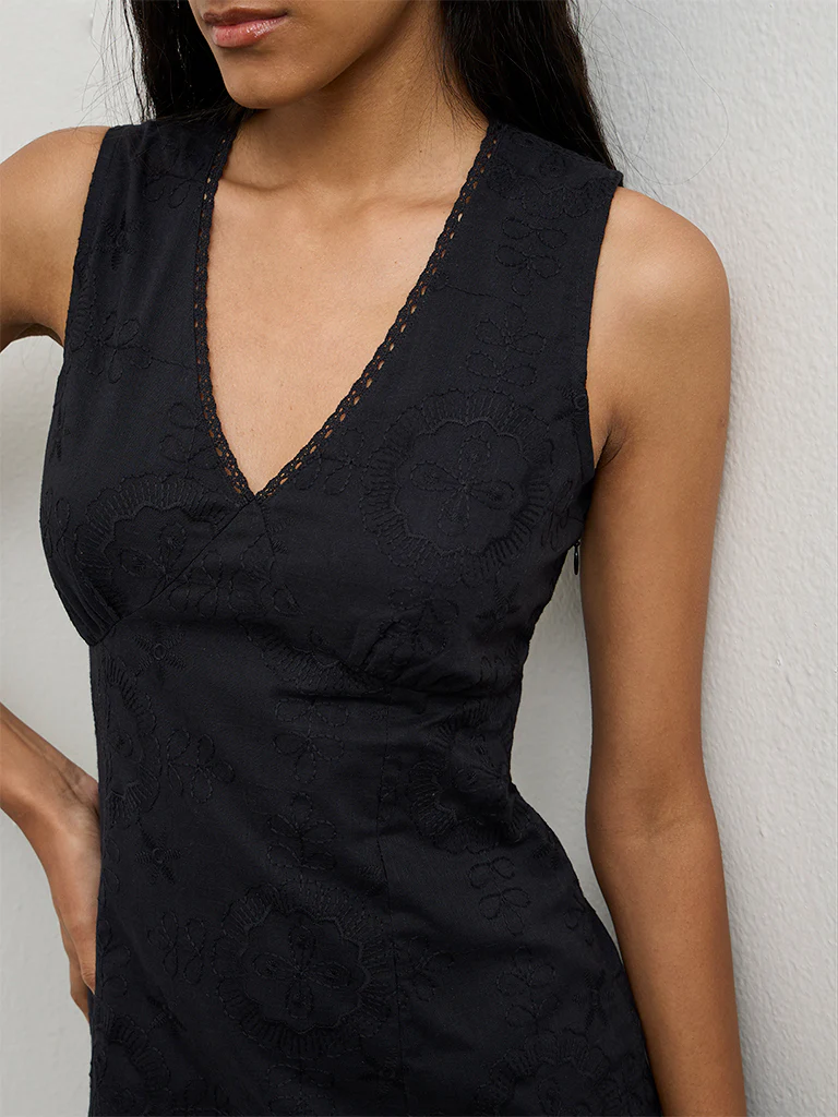 Bombay Paisley Black Embroidered Cotton A-Line Dress - Image 3