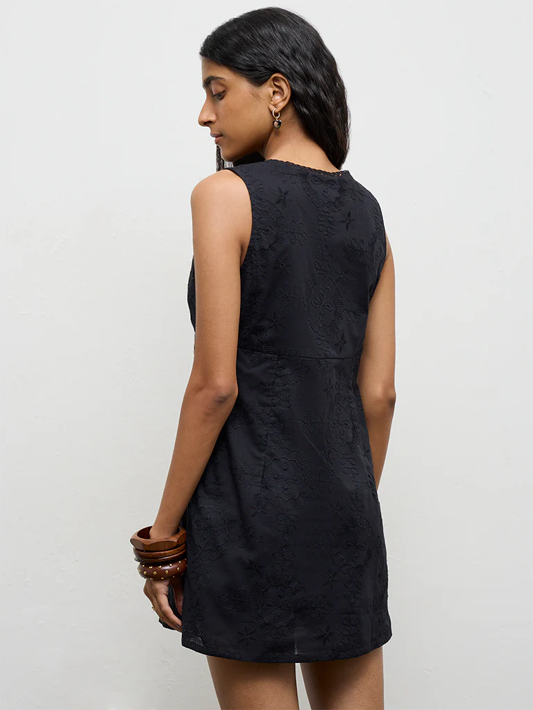 Bombay Paisley Black Embroidered Cotton A-Line Dress - Image 4