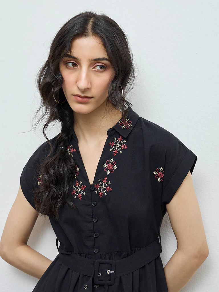 Bombay Paisley Black Embroidered Cotton A-Line Dress with Belt - Image 3
