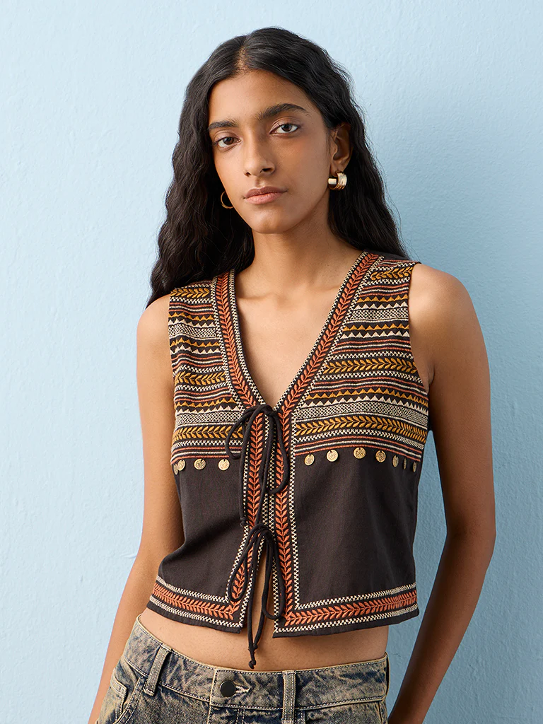 Bombay Paisley Black Embroidered Cotton-Blend Top - Image 2