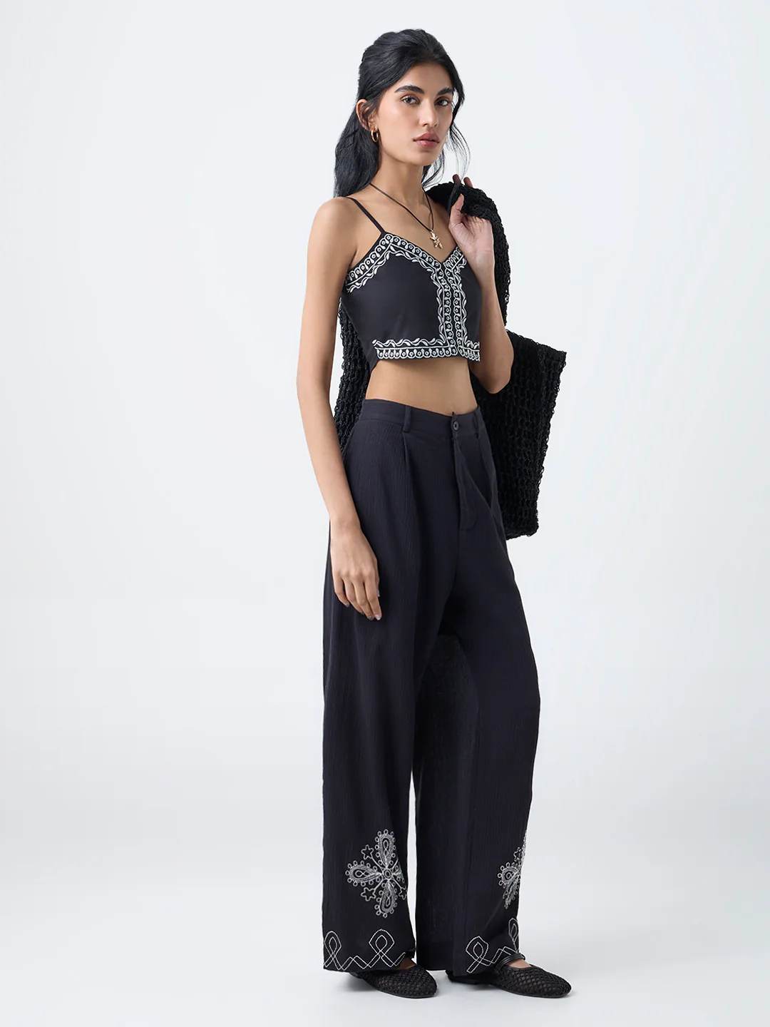 Bombay Paisley Black Embroidered Cotton Crop Top - Image 2