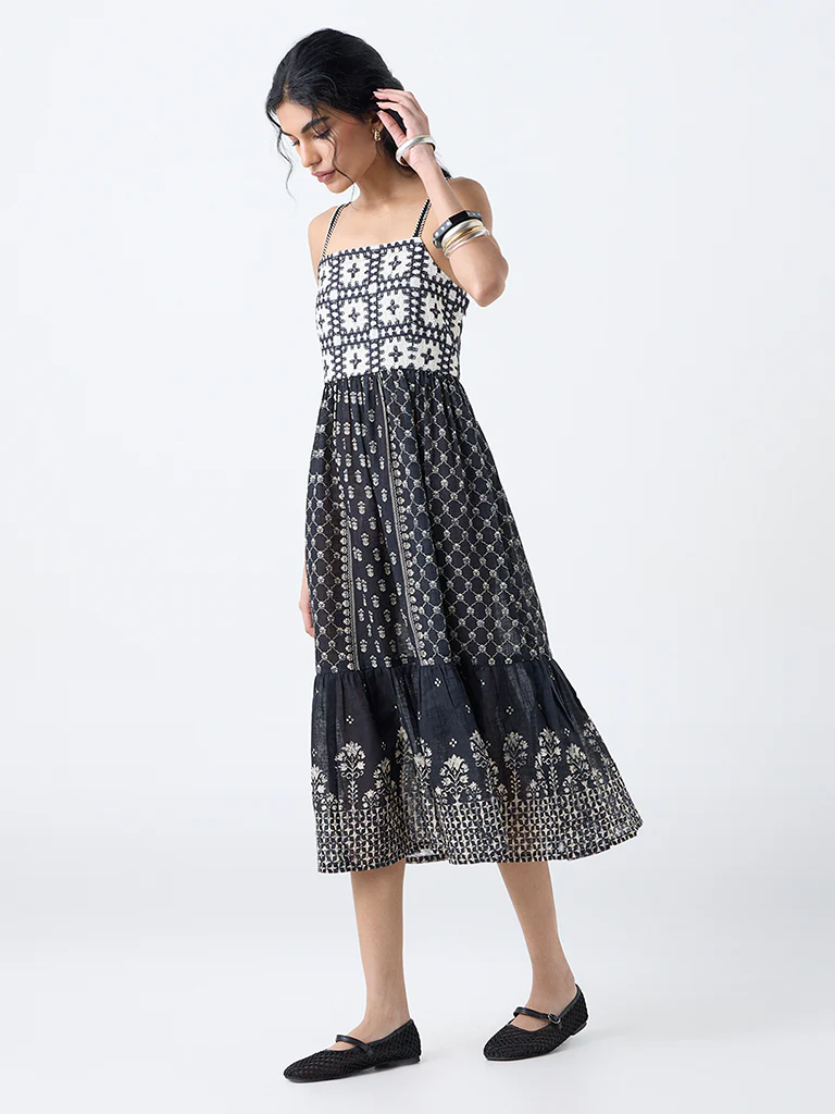 Bombay Paisley Black Embroidered Cotton Tiered Dress - Image 2