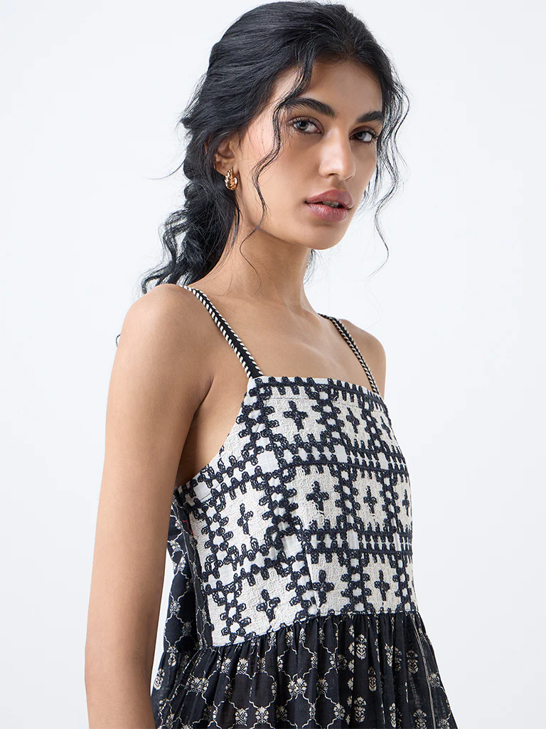 Bombay Paisley Black Embroidered Cotton Tiered Dress - Image 3