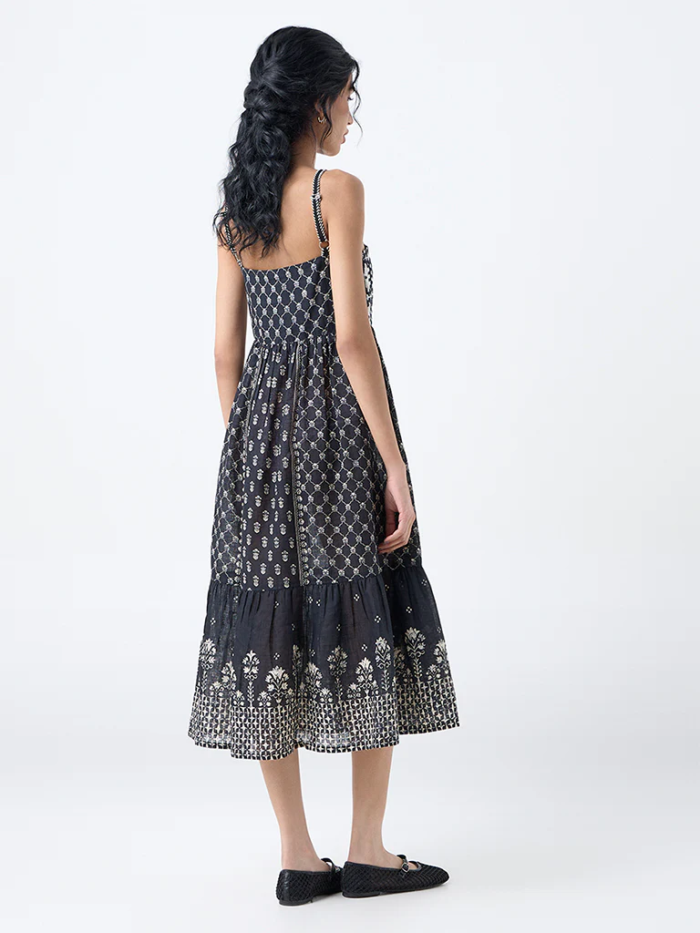 Bombay Paisley Black Embroidered Cotton Tiered Dress - Image 4