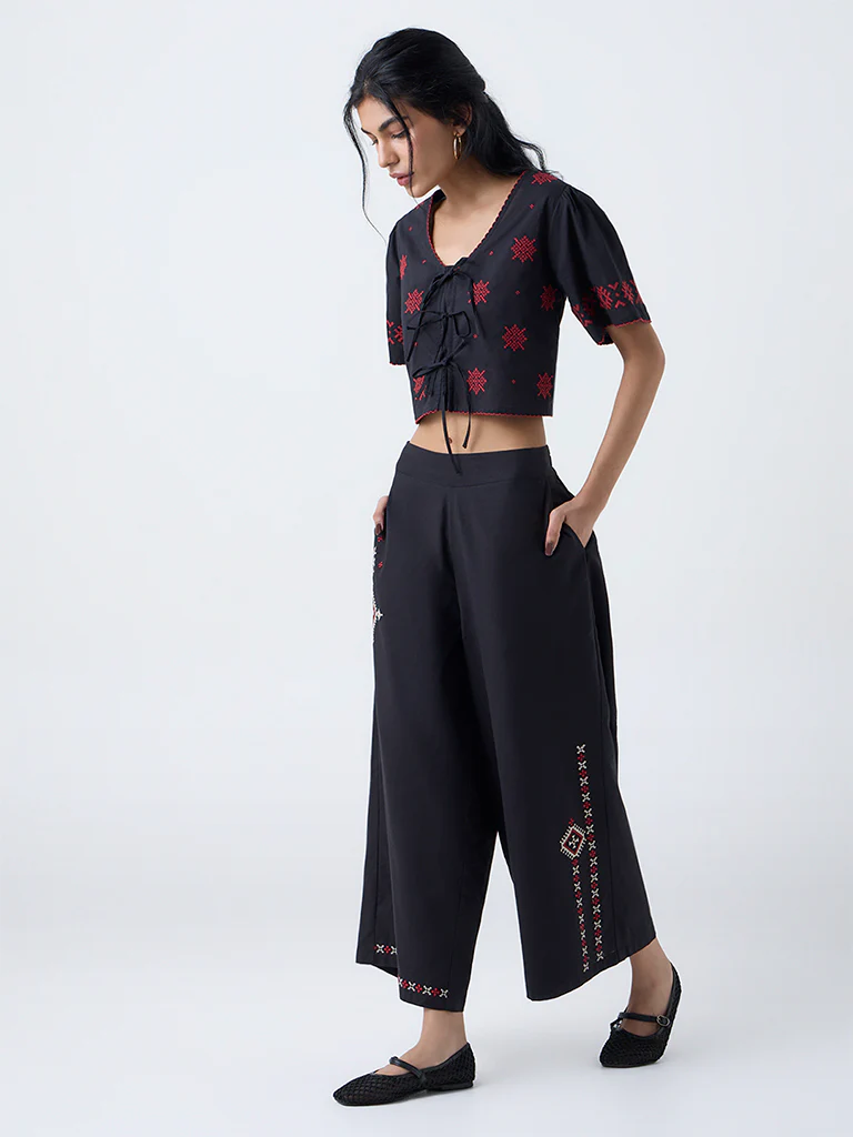 Bombay Paisley Black Embroidered Cotton Top - Image 2