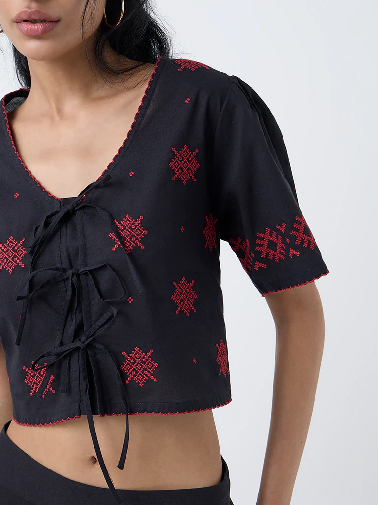 Bombay Paisley Black Embroidered Cotton Top - Image 3