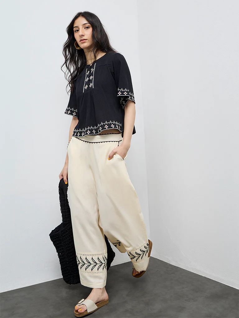 Bombay Paisley Black Embroidered Cotton Top - Image 2