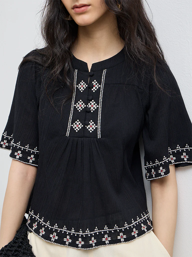 Bombay Paisley Black Embroidered Cotton Top - Image 3
